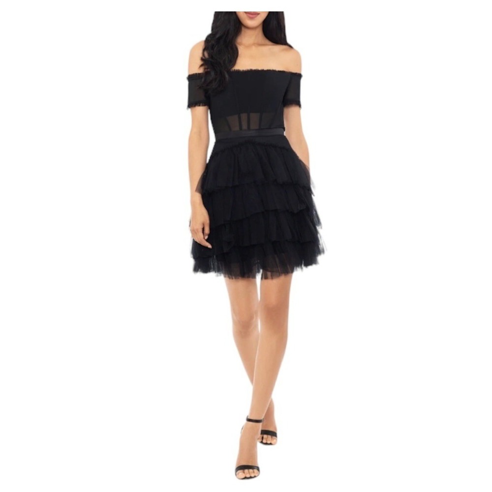 Betsy and Adam Priscilla Off the Shoulder Tiered‎ Tulle Mini Corset Dress 6 New